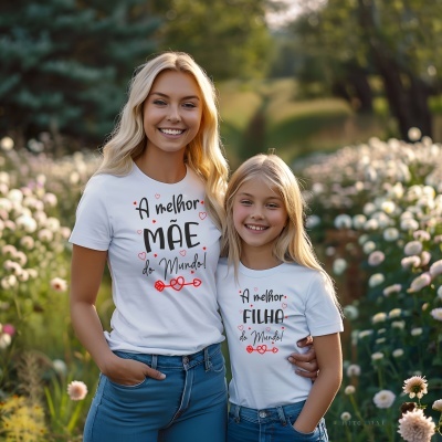 Dois t-shirts brancos com texto A melhor MÃE do Mundo! e A melhor FILHA do Mundo!, usados por mulher e rapariga em jardim com flores