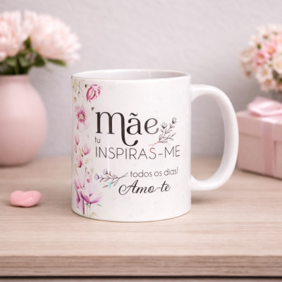 Caneca branca com texto e flores, decorada num ambiente com flores e presente cor-de-rosa