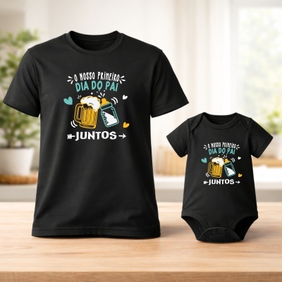 Conjunto de roupa preta para pai e bebé com texto e ilustrações coloridas