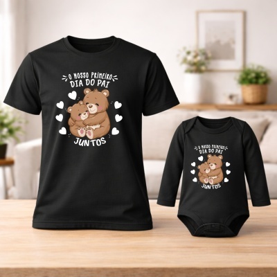 Conjunto t-shirt e body preto com ursos e texto Dia do Pai