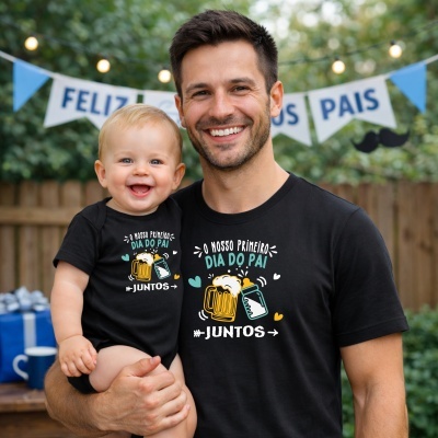 Pai e filho sorridentes com t-shirts de Dia do Pai e decoração de festa ao fundo.
