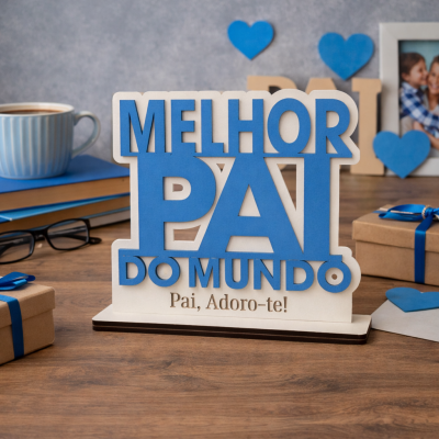 Expositor decorativo em madeira com texto Melhor Pai do Mundo em azul e branco sobre mesa com objetos