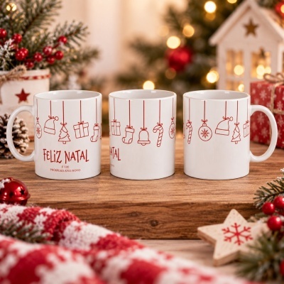 Três canecas brancas com desenhos vermelhos natalícios e texto feliz natal sobre mesa de madeira