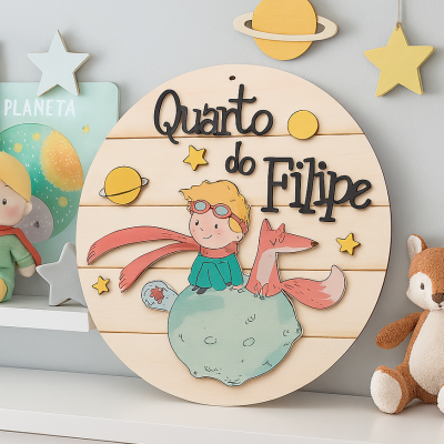 Placa decorativa de madeira redonda para quarto de criança com personagens e texto Quarto do Filipe