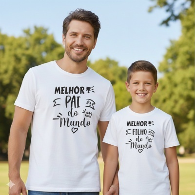 Homem e menino com t-shirts brancas com texto em português e fundo de parque com árvores e céu azul