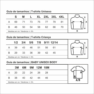 Guia de tamanhos para T-shirts e baby body com medidas em centímetros.