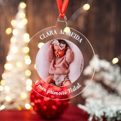 Enfeite de Natal transparente com foto de bebé e texto