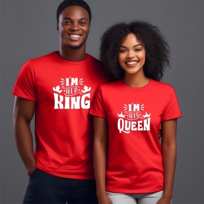 Casal com t-shirts vermelhas com texto IM HER KING e IM HIS QUEEN em fundo cinza
