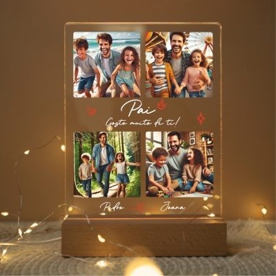 Painel luminoso com fotos familiares e texto de agradecimento ao pai