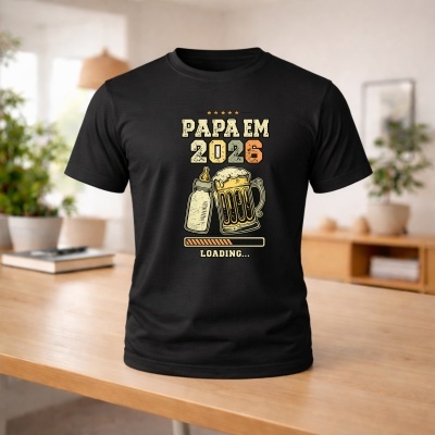 T-shirt preta com texto PAPÁ EM 2026 e ilustrações de biberão e caneca de cerveja