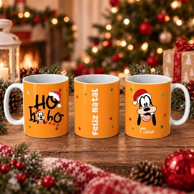 Conjunto de canecas de cerâmica laranja com temas de Natal e personagem Pateta
