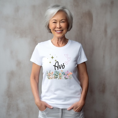 T-shirt branca com estampa colorida de flores, estrelas, corações e texto Avó