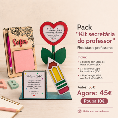 Kit secretária do professor com acessórios em madeira colorida e texto promocional em fundo bege.