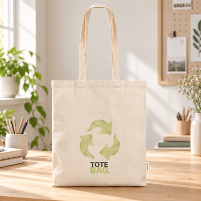 Saco tote de tecido bege com símbolo de reciclagem verde e texto TOTE BAG.