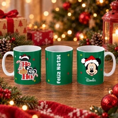 Três canecas de Natal verdes com desenhos do Mickey e mensagens de Natal