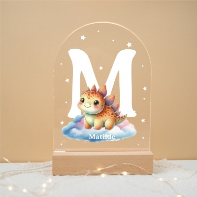 Luminária com dinossauro e letra M, personalizada com o nome Matilde
