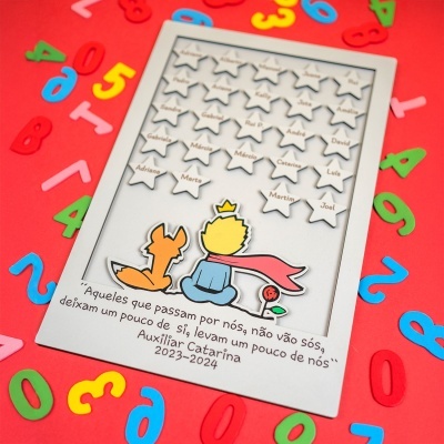 Painel decorativo com estrelas nomeadas, ilustração do Pequeno Príncipe e texto em português sobre fundo vermelho com números coloridos