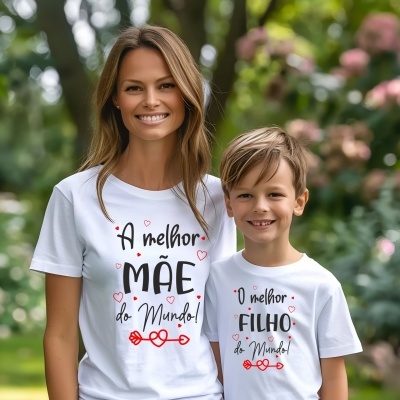 Mãe e filho com t-shirts brancas com mensagens A melhor mãe do Mundo! e O melhor filho do Mundo! ao ar livre com árvores e flores.