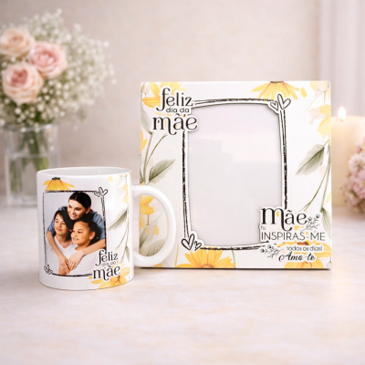 Caneca e caixa decoradas para o Dia da Mãe com flores amarelas e mensagem de amor