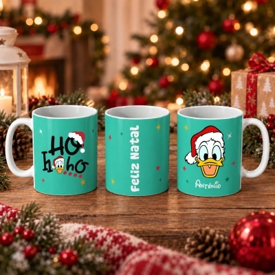 Três canecas de cerâmica com temas natalícios em mesa de madeira decorada para Natal.