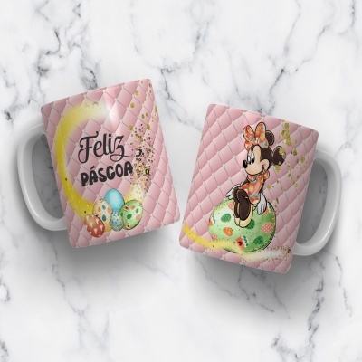 Duas canecas de cerâmica rosa com padrão acolchoado e desenhos temáticos de Páscoa