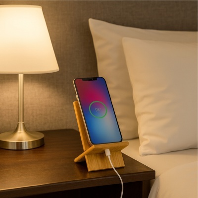 Suporte de telemóvel em madeira numa mesa com candeeiro e cama ao lado