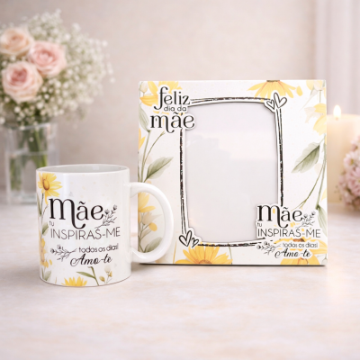 Conjunto caneca e moldura decorados com flores amarelas e texto para Dia da Mãe