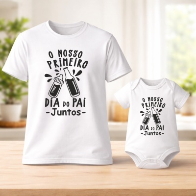 T-shirt branca de adulto e body branco de bebé com texto e ilustrações a preto