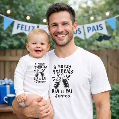 Pai e filho com t-shirts brancas comemorativas do Dia do Pai em fundo de festa com bandeirolas e luzes.