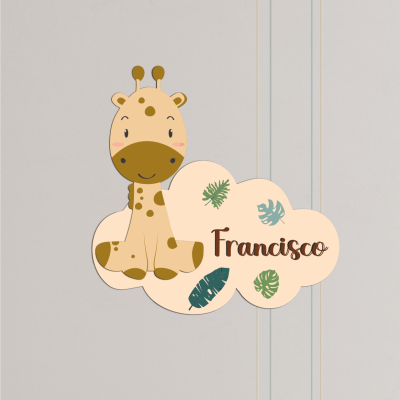 Adesivo decorativo para parede com girafa e texto Francisco