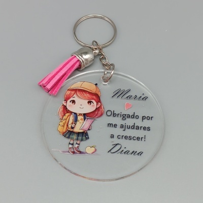 Chaveiro redondo transparente com menina caricatura e tassel rosa