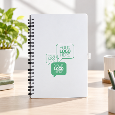 Caderno espiral branco com texto YOUR LOGO HERE em três balões de diálogo verdes