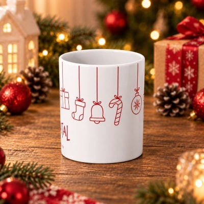 Caneca branca com desenhos natalícios vermelhos em fundo de mesa de madeira e decoração de Natal