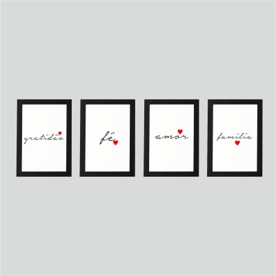 Quadros decorativos com palavras em caligrafia preta e corações vermelhos