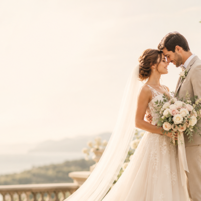 Noivos abraçados com vestido de noiva branco e fato bege, segurando bouquet de flores brancas e rosas