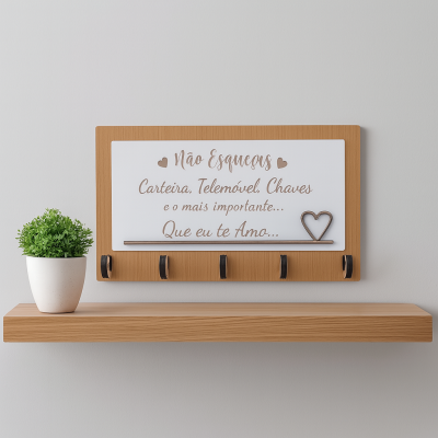 Organizador de parede de madeira com placa branca com texto em português e cinco ganchos, prateleira em madeira com vaso branco e planta verde.