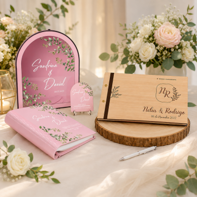Conjunto de artigos de casamento com livro rosa, porta-retrato, cartão e livro de madeira sobre mesa decorada com flores brancas