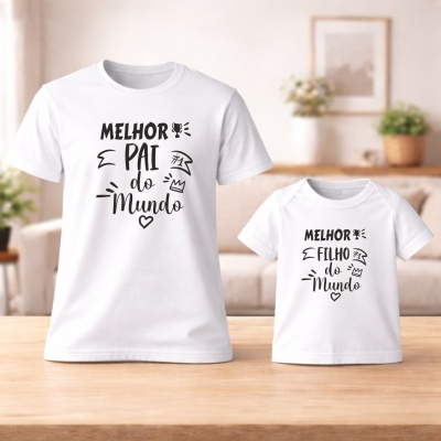 T-shirts brancas com frases em preto Melhor pai do mundo e Melhor filho do mundo sobre mesa de madeira