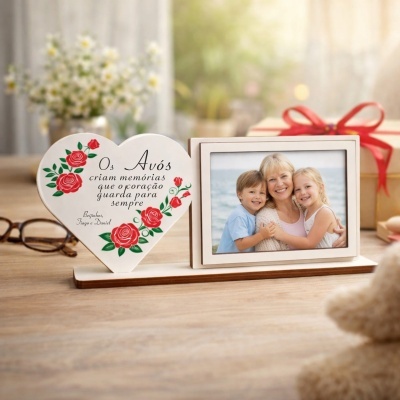 Porta-retratos em madeira com mensagem para avós, decorado com rosas vermelhas e foto de avó com netos