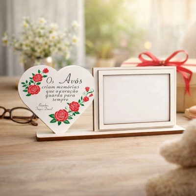 Suporte para foto e mensagem sobre avós com flores vermelhas e moldura branca