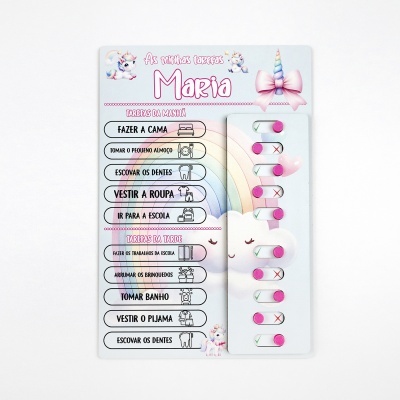 Quadro de tarefas infantil personalizado com nome Maria e marcadores para tarefas