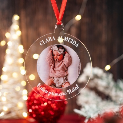 Enfeite de Natal transparente com foto de bebé e texto personalizado