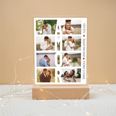 Luminária com fotos de casais, texto AMOR e personalização com nomes e data.