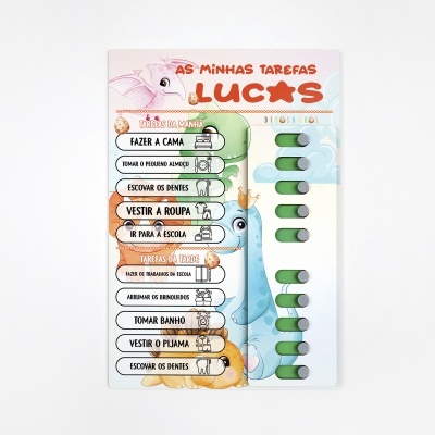 Quadro de tarefas para crianças com dinossauros coloridos e nome Lucas