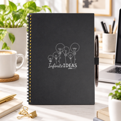 Caderno preto com desenhos de lâmpadas e texto, com caneta presa, numa mesa de escritório