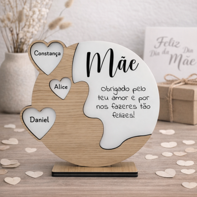 Objeto decorativo em forma de puzzle com corações e texto dedicado à mãe