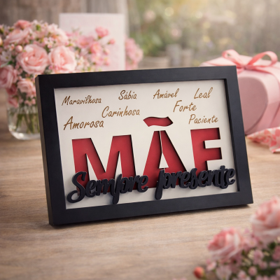 Placa decorativa com texto MÃE Sempre presente emoldurada e flores cor-de-rosa ao redor.