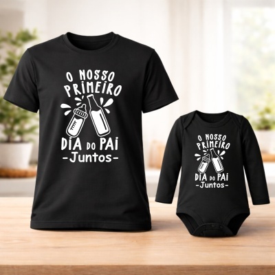 Camisola preta e body preto com texto branco e desenhos de biberão e garrafa