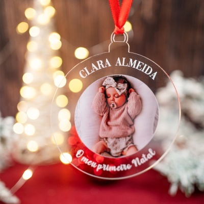 Ornamento de Natal transparente com fotografia de bebé e texto personalizado