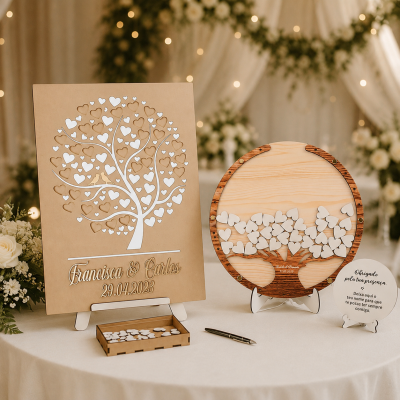 Mesa com quadros decorativos de madeira para casamento, com árvores e corações e textos de agradecimento em português.